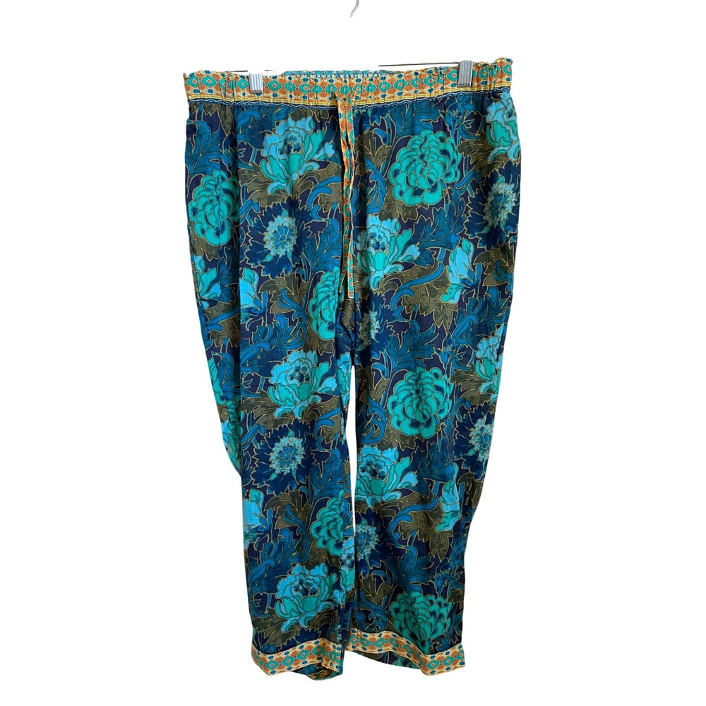 Sundance Floral Cotton Drawstring Pants Teal Blue Green Boho Petite Medium PM